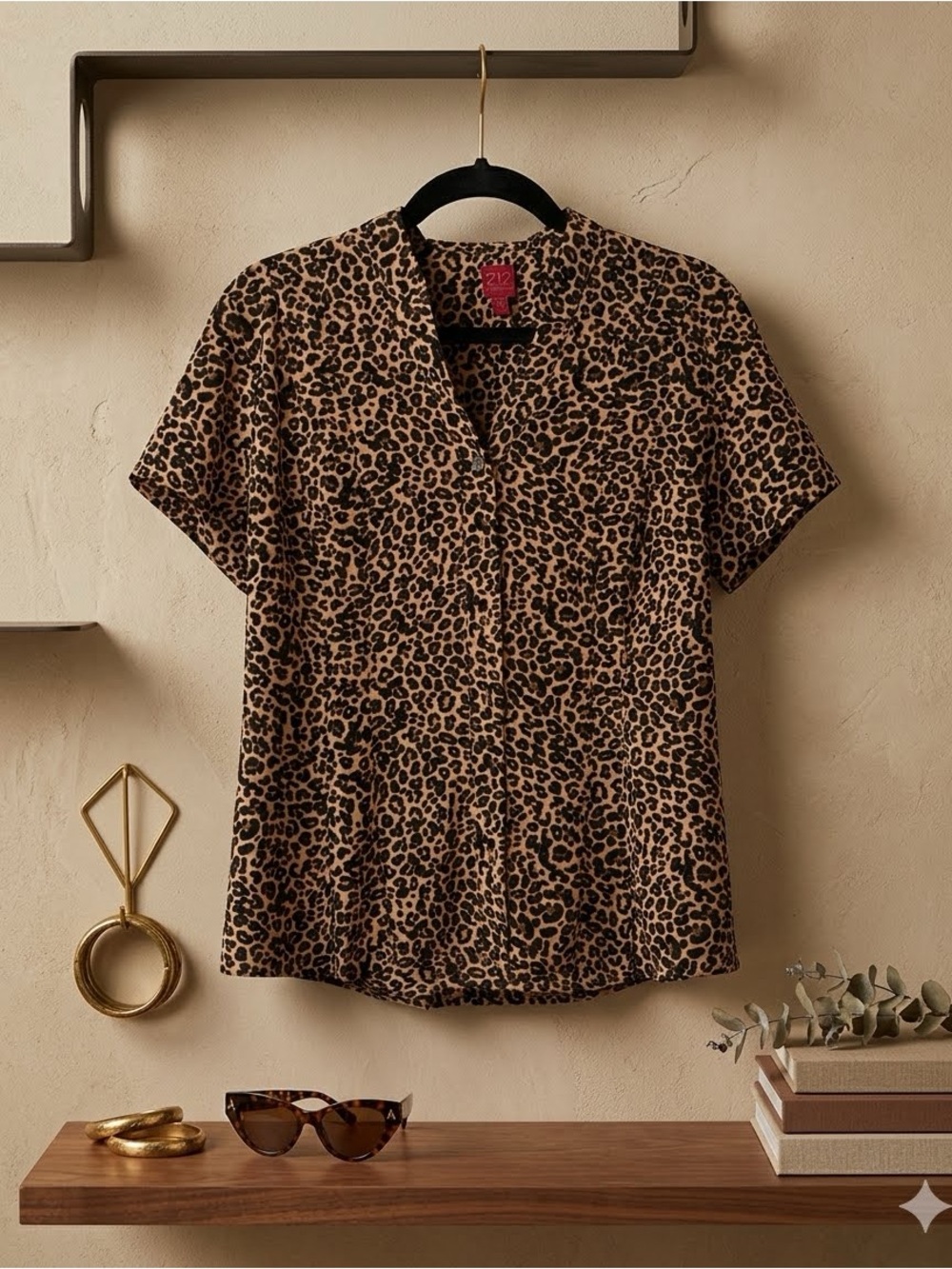 212 Collection Leopard Print Top - Tan & Black with Burgundy Label